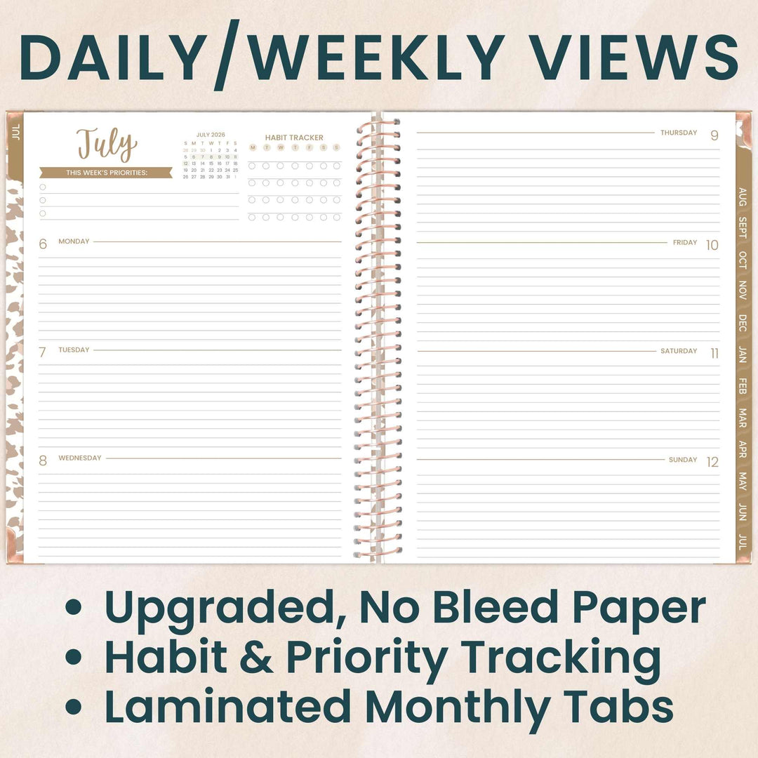 Spiral-bound planner with daily and weekly views, habit tracker, and priority tracking features.