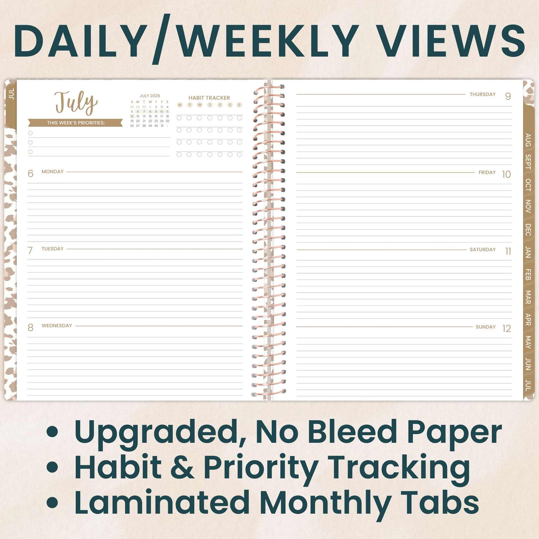 Spiral-bound planner with daily and weekly views on a beige background