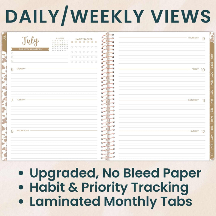 Spiral-bound planner with daily and weekly views on a beige background