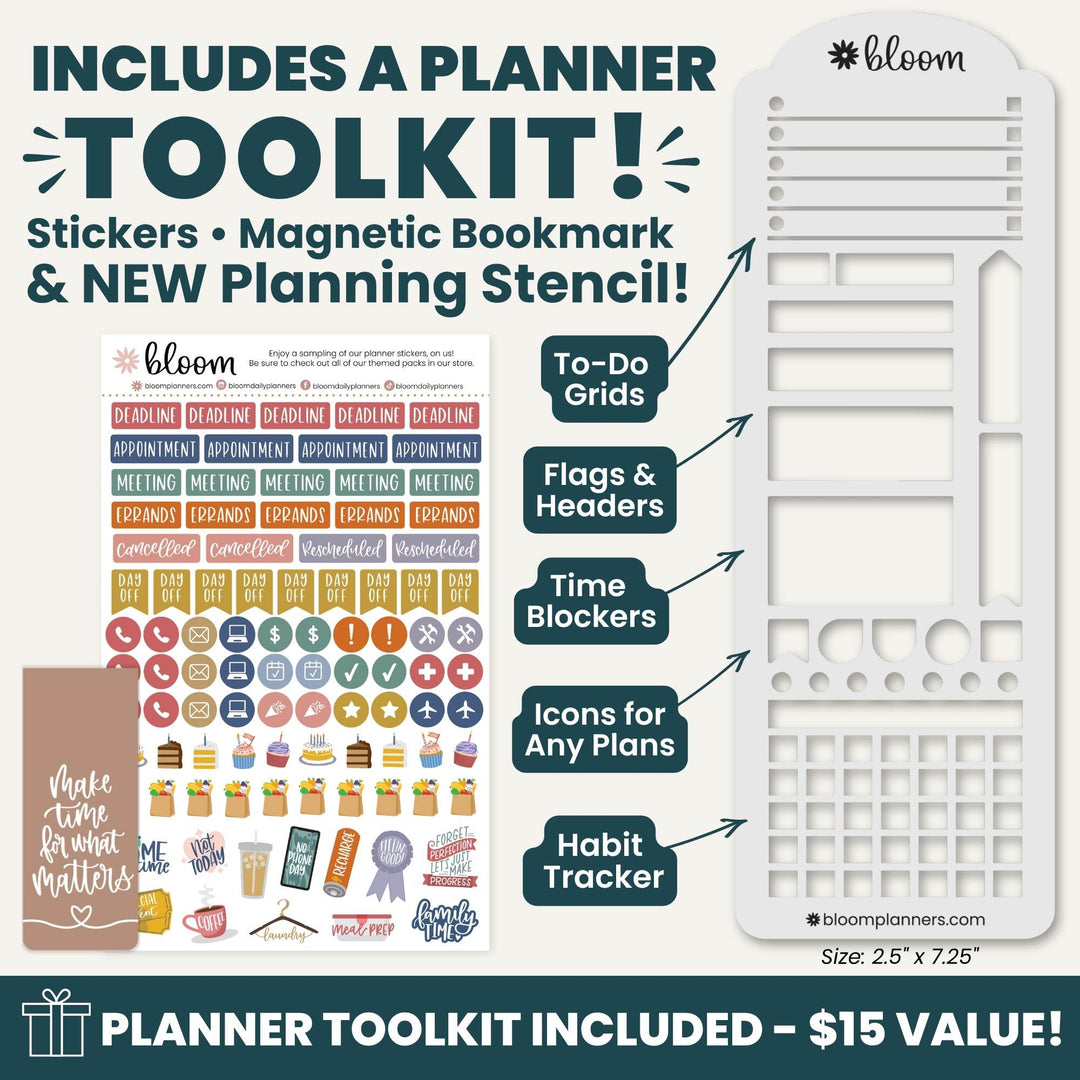 Promotional graphic for a Bloom planner toolkit, showing a large white planner stencil on the right, a sheet of colorful stickers on the left, and callout labels pointing to included features: to-do grids, flags and headers, time blockers, icons for any plans, and habit tracker. Text at the top says the kit includes a planner toolkit, stickers, magnetic bookmark, and new planning stencil.