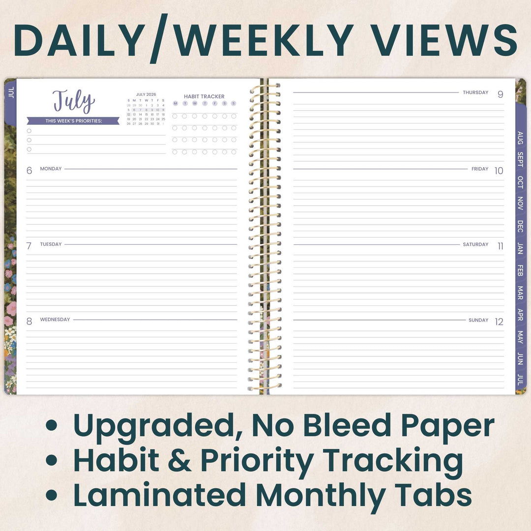 Open daily and weekly view planner with habit and priority tracking features on a beige background.