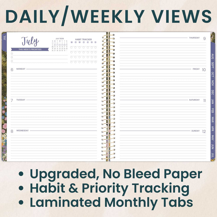 Open daily and weekly view planner with habit and priority tracking features on a beige background.