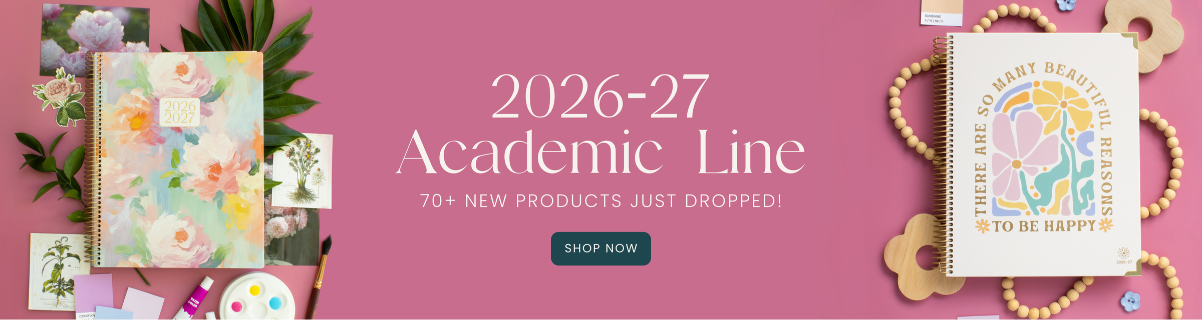 Promotional banner for 2026-27 Academic Line with stationery items on a pink background.