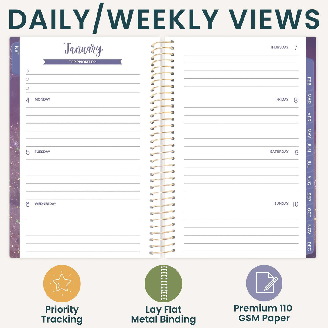 An open spiral-bound planner shown on a light beige background with the headline 'DAILY/WEEKLY VIEWS' at the top and three feature icons below: priority tracking, lay flat metal binding, and premium 110 GSM paper. The planner pages are white with dark teal text and purple weekday headers, and the side tabs are purple with monthly labels.