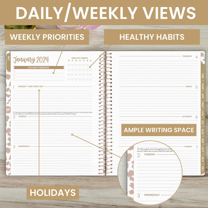 bloom daily planners 2024 Hardcover Calendar Year Goal & Vision Planner  (January 2024 - December 2024) - Monthly/Weekly Column View Agenda Organizer  - 7.5 x 9 - Tan Leopard 