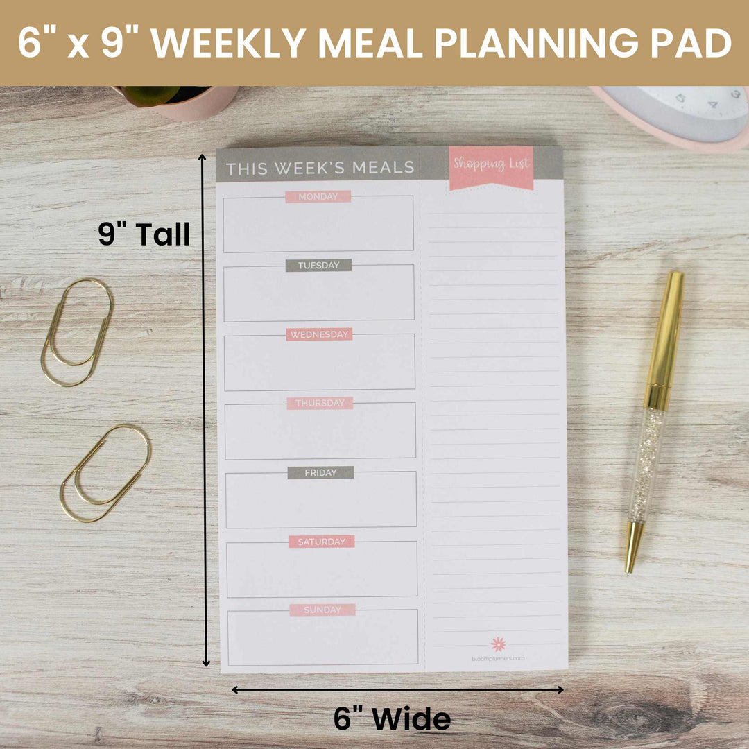 Planning Pad, 6" x 9", Meal Planning Pad with Magnets, Pink & Grey