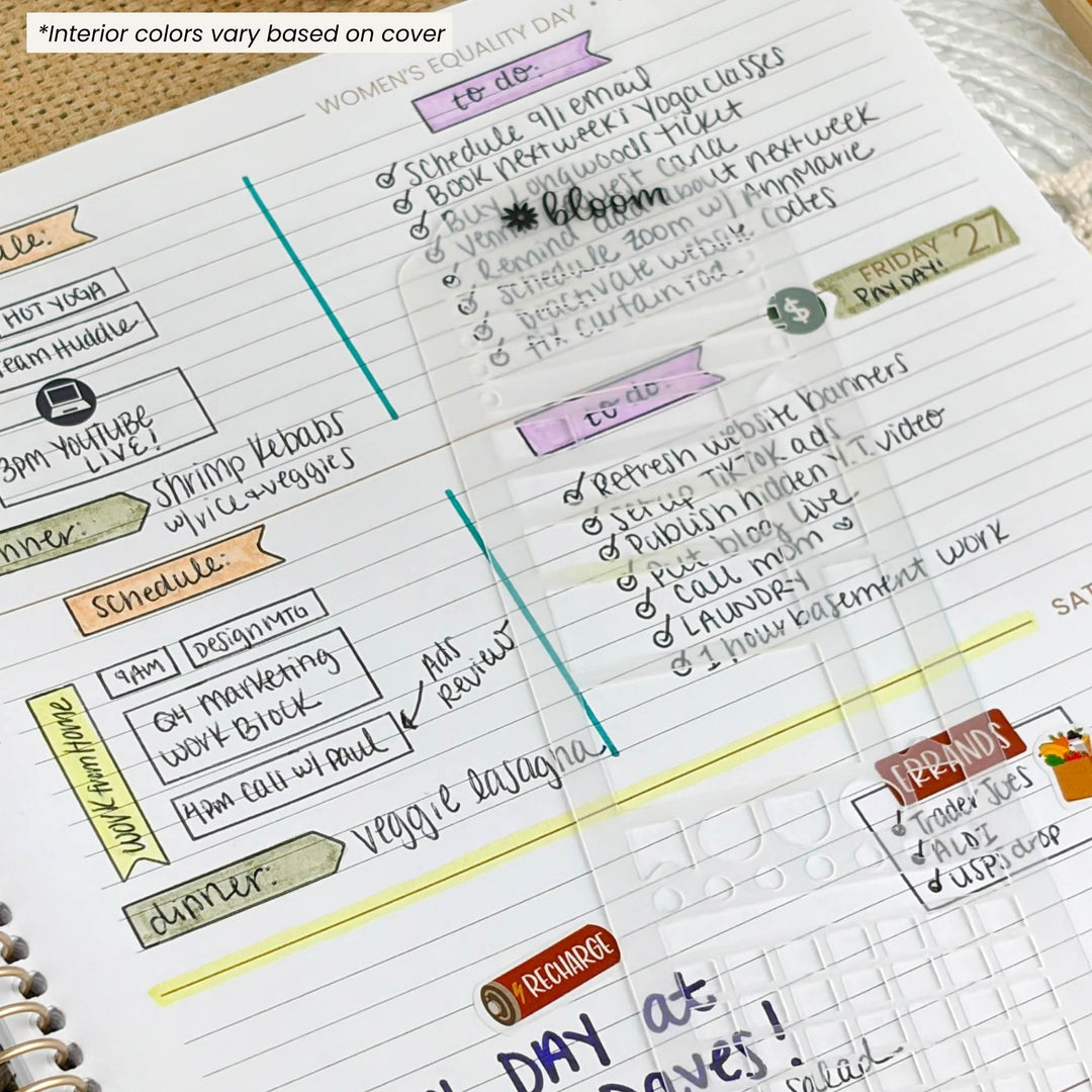 A close-up of a spiral-bound planner page with handwritten daily planning notes, boxes, and decorative color-coded headers in purple, teal, orange, yellow, and green on a white lined background.