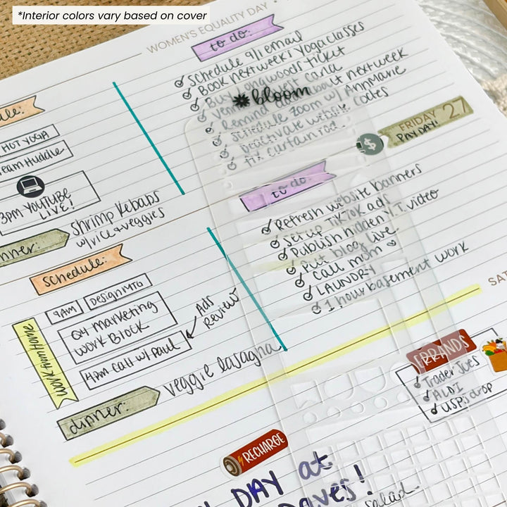 A close-up of a spiral-bound planner page with handwritten daily planning notes, boxes, and decorative color-coded headers in purple, teal, orange, yellow, and green on a white lined background.