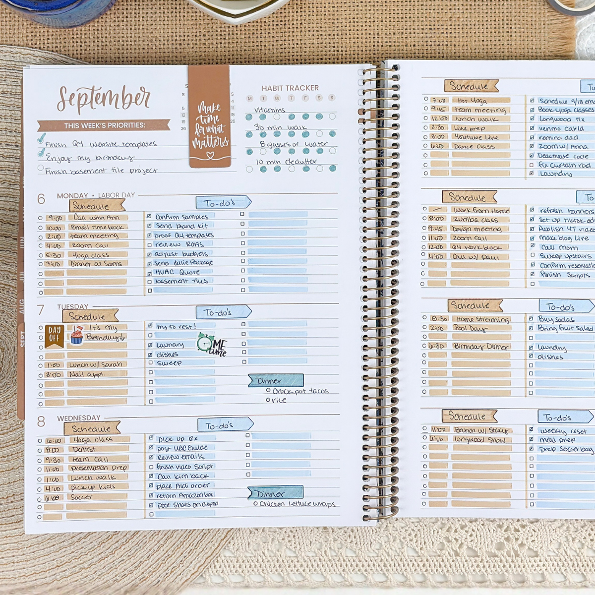 Filled out weekly spread of a 8.5 x 11 2027 bloom planner.