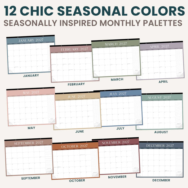 Calendar layout with monthly placeholders for 2027, each month in a different color theme.