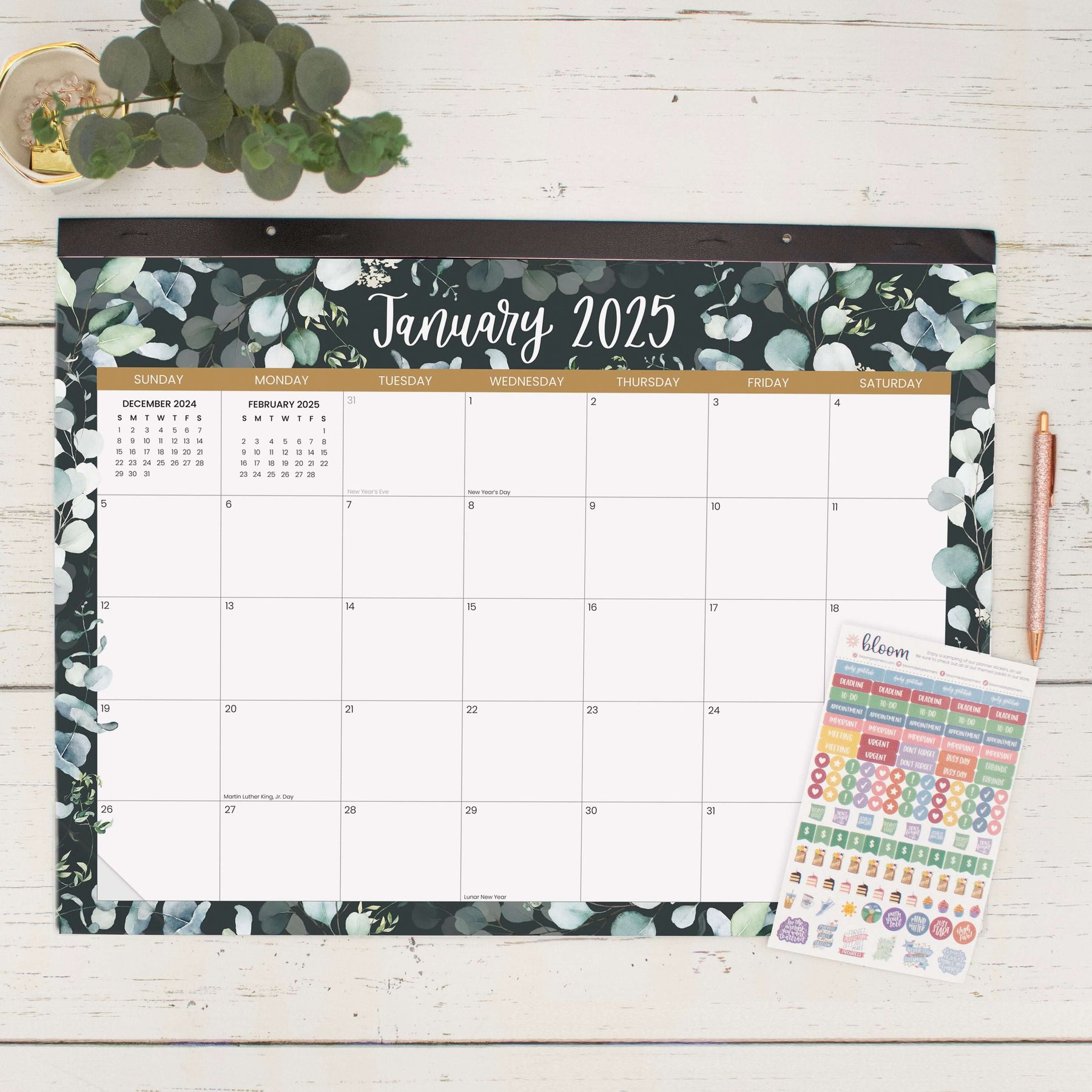 bloom 2025 Calendar Year Desk & Wall Calendar, 16" x 21", Greenery