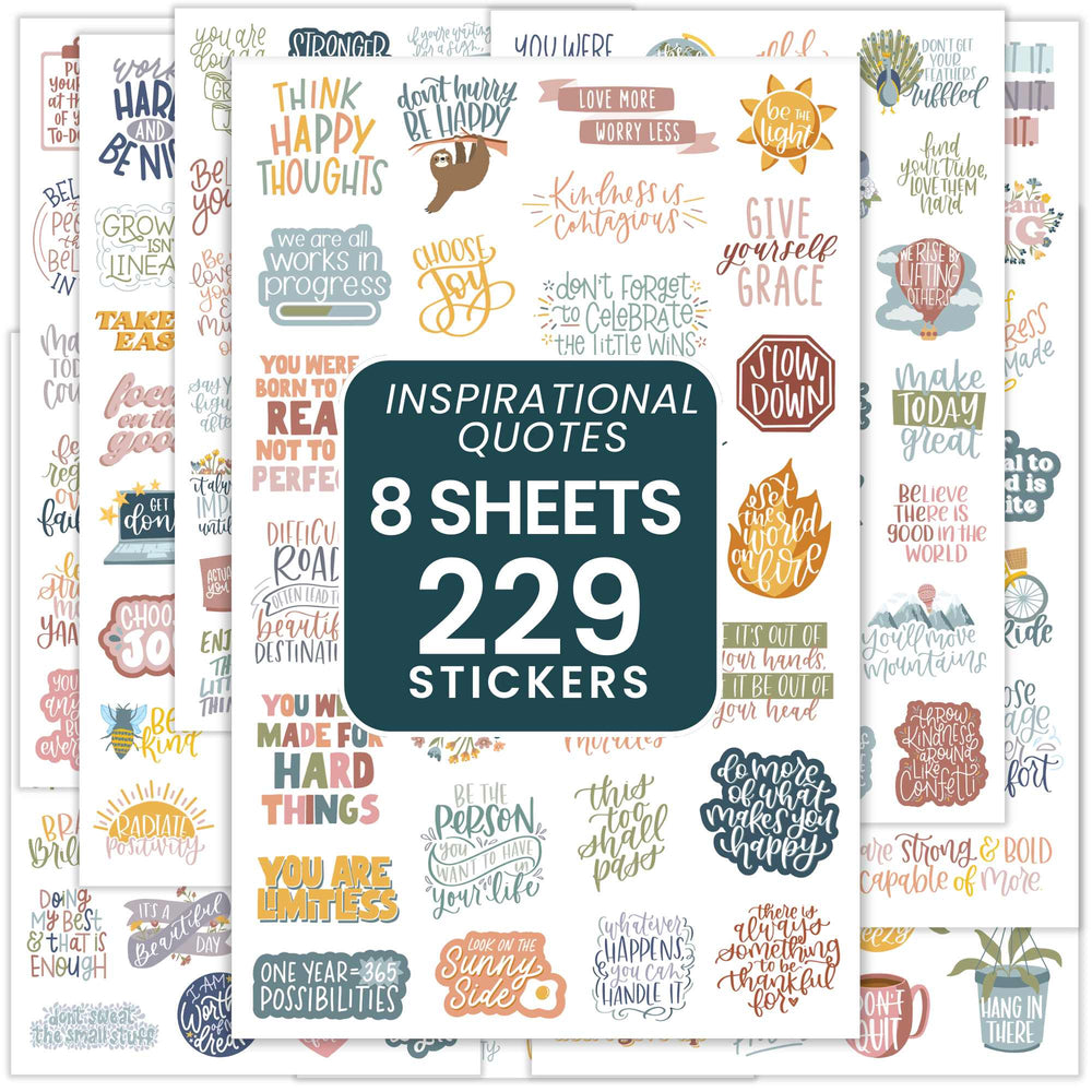 Packaging of a sticker book with inspirational quotes on 8 sheets containing 229 stickers.
