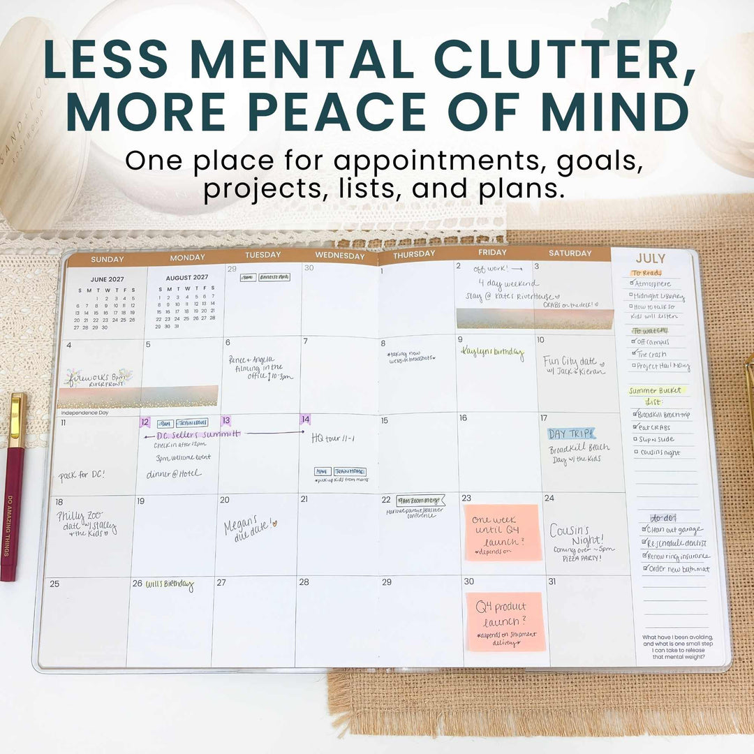 Calendar with appointments and notes on a wooden surface, text 'Less mental clutter, more peace of mind'.