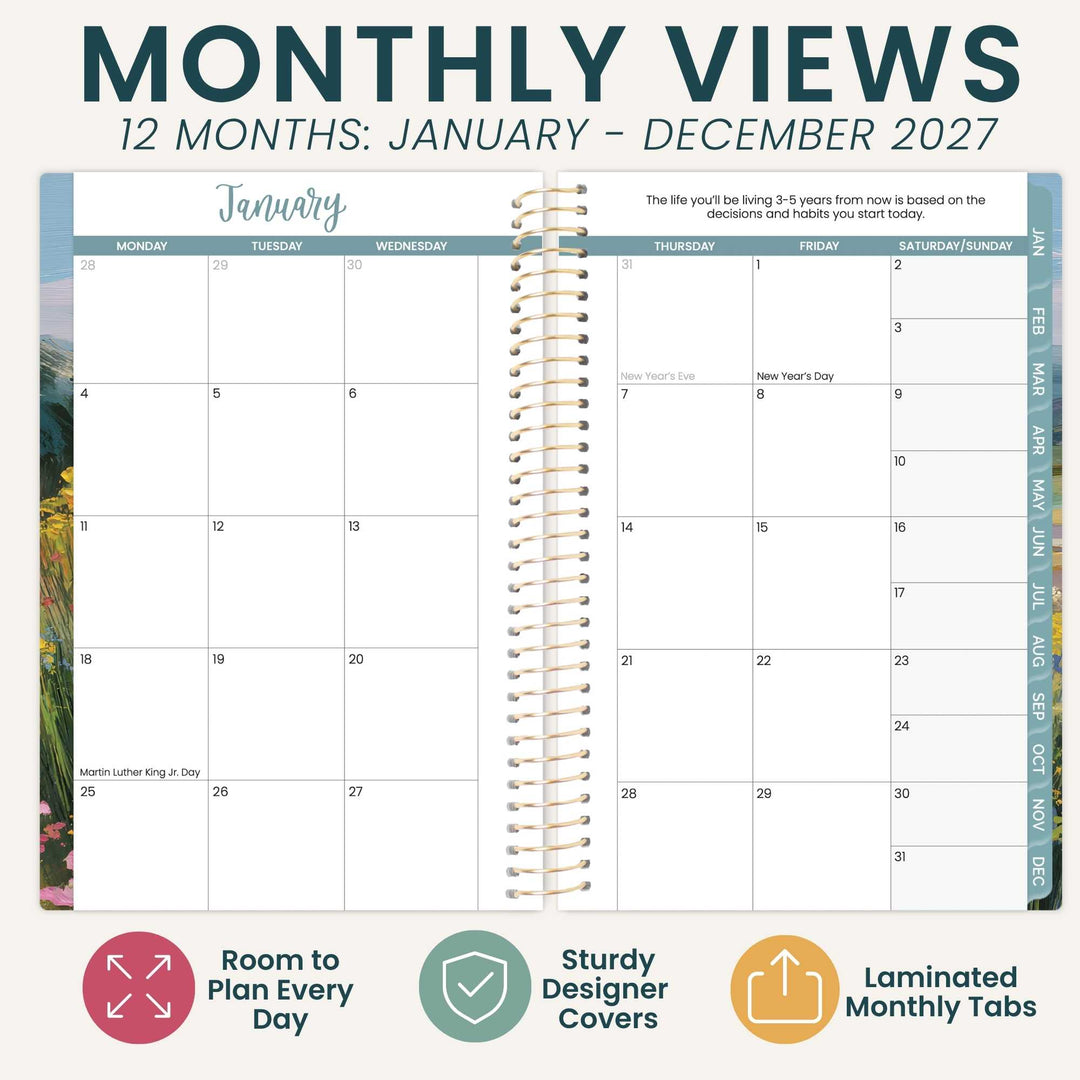2027 monthly planner with a spiral binding, showing January, and features listed below.