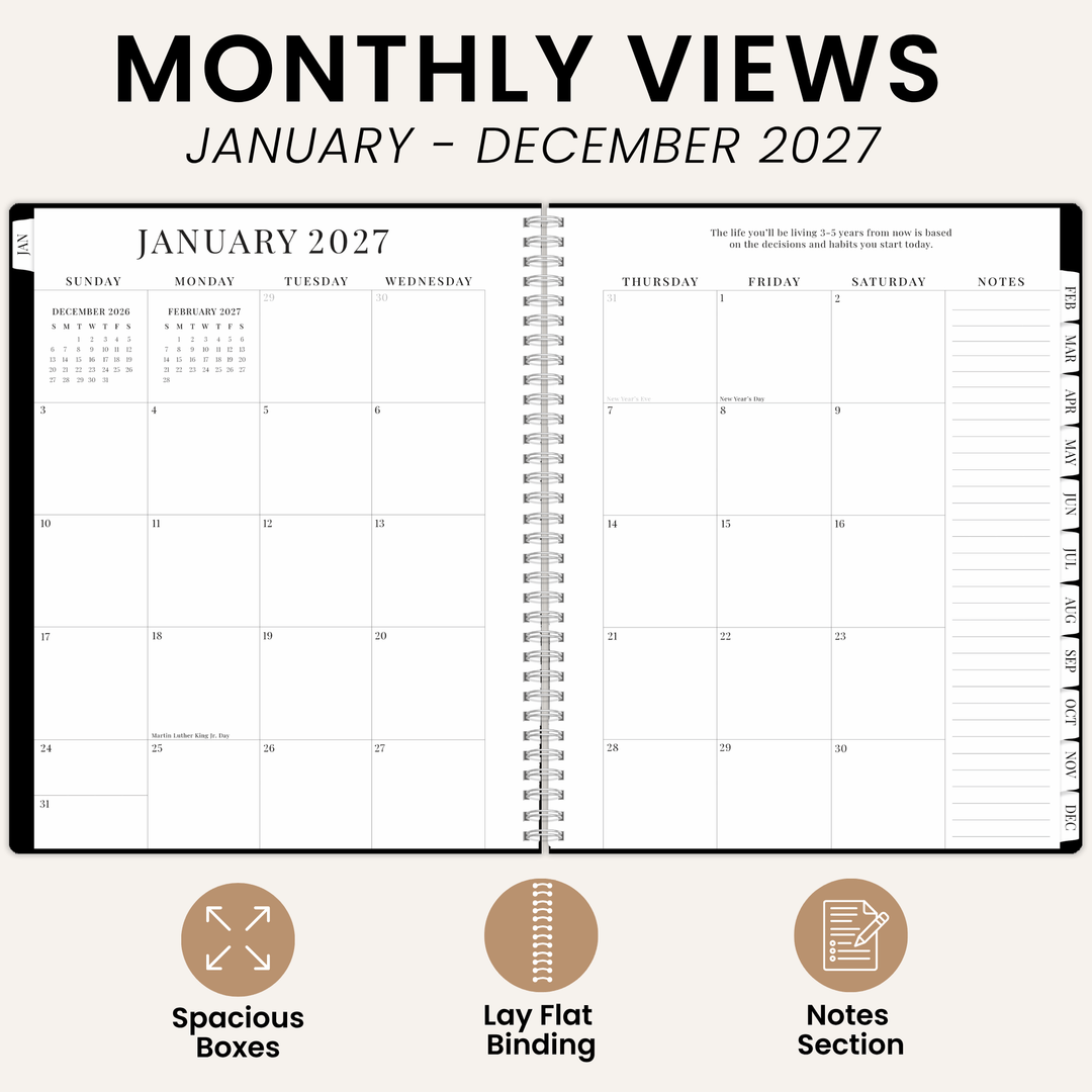 An open spiral-bound monthly planner showing January 2027 with columns for Sunday through Saturday and a notes section on the right page. Large text at the top reads 'MONTHLY VIEWS JANUARY - DECEMBER 2027,' and three feature icons at the bottom highlight spacious boxes, lay-flat binding, and a notes section.