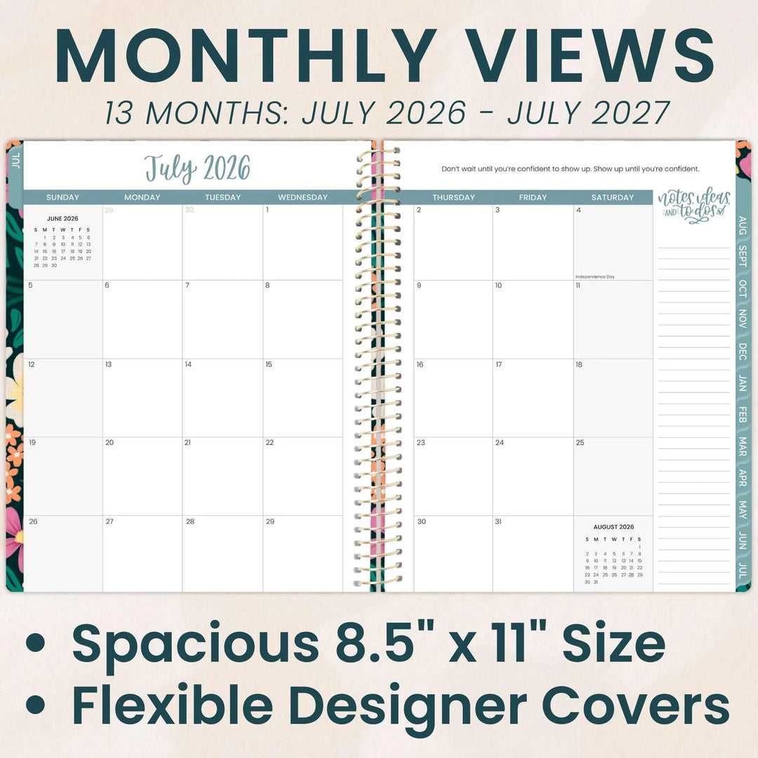Monthly view planner with July 2026 to July 2027 dates, featuring a spacious 8.5" x 11" size and flexible designer covers.