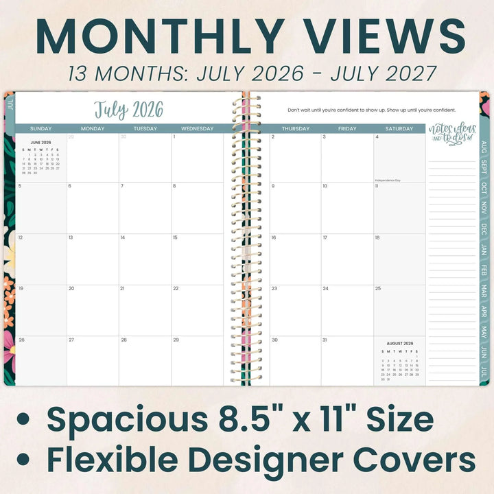 Monthly view planner with July 2026 to July 2027 dates, featuring a spacious 8.5" x 11" size and flexible designer covers.