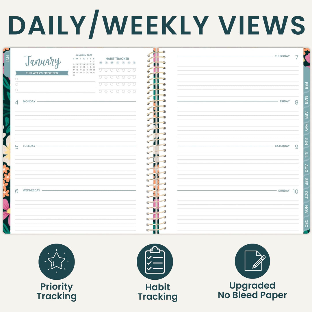 An open spiral-bound planner shown on a light beige background with the heading 'DAILY/WEEKLY VIEWS' at the top and three feature icons below: Priority Tracking, Habit Tracking, and Upgraded No Bleed Paper. The planner pages are mostly white with dark teal text and a small floral border on the left edge.