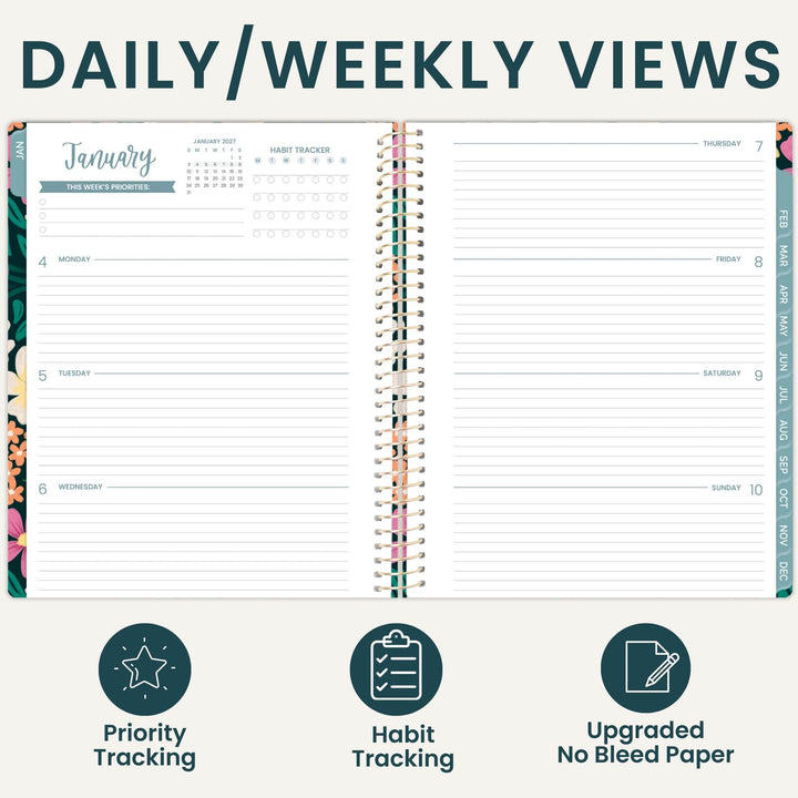 An open spiral-bound planner shown on a light beige background with the heading 'DAILY/WEEKLY VIEWS' at the top and three feature icons below: Priority Tracking, Habit Tracking, and Upgraded No Bleed Paper. The planner pages are mostly white with dark teal text and a small floral border on the left edge.
