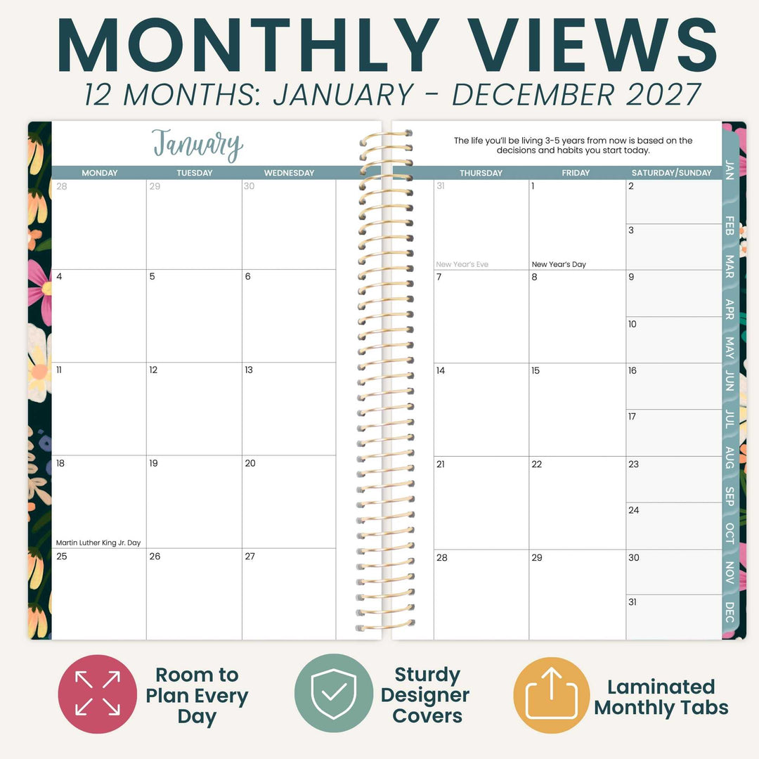 Monthly view details of a 2027 pocket planner highlighting the space to write and the tabs.
