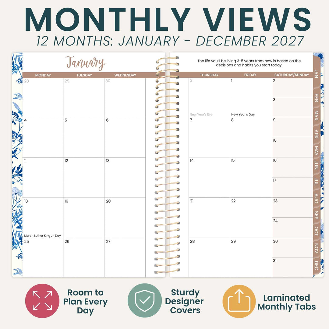 Monthly view of a 2027 pocket planner highlighting the room to write and metal binding. 
