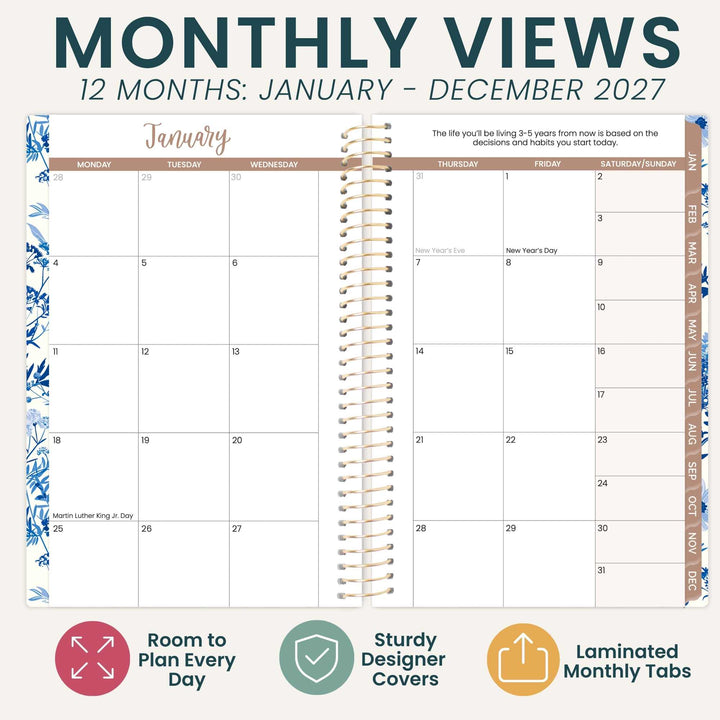 Monthly view of a 2027 pocket planner highlighting the room to write and metal binding. 