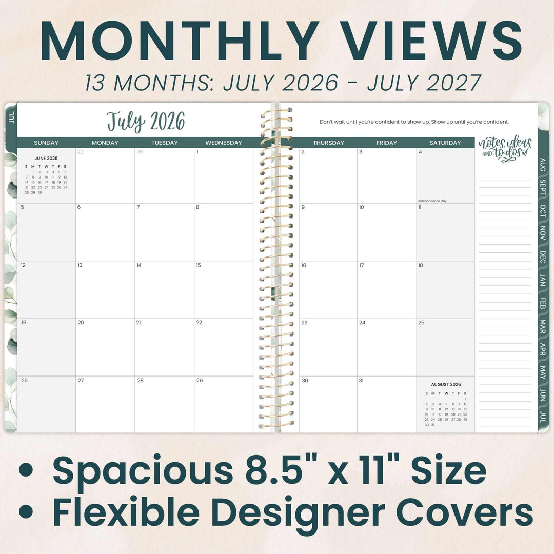 Monthly planner with July 2026 to July 2027 view, featuring a beige background.