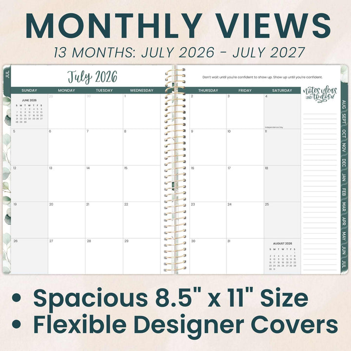 Monthly planner with July 2026 to July 2027 view, featuring a beige background.