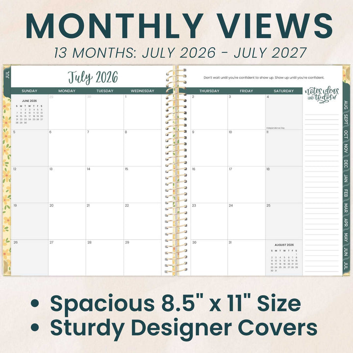 Two-page spread of a monthly view planner with July 2026 and July 2027 dates, featuring text about size and cover material.