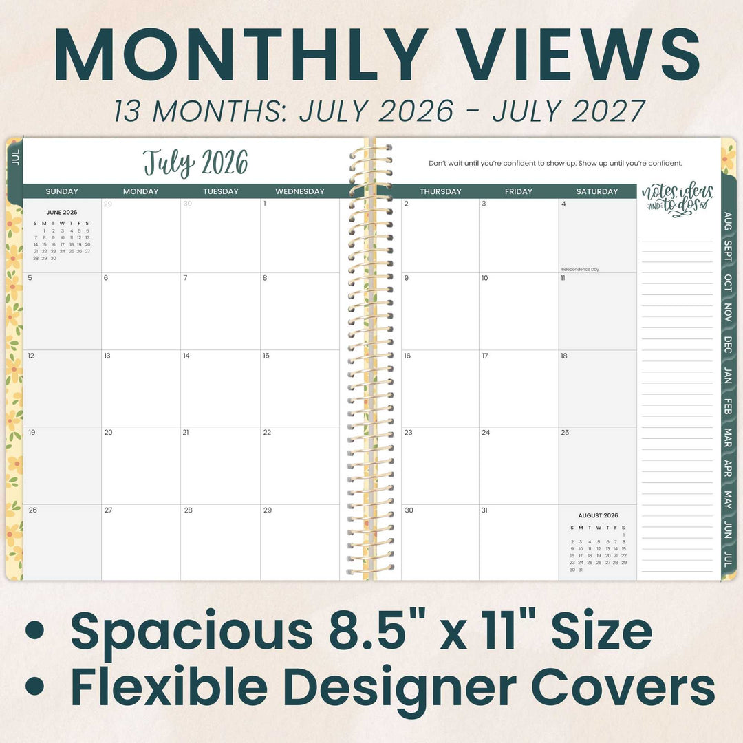 Two-page spread of a monthly view planner for July 2026 to July 2027 with text about size and cover options.