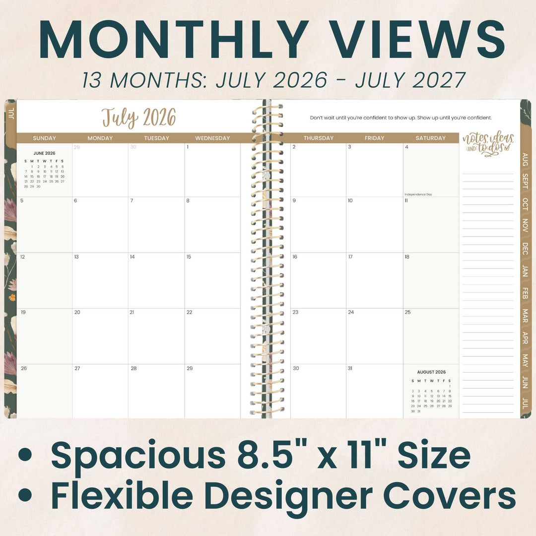 Two-page spread of a planner with July 2026 and July 2027 calendars on a beige background.