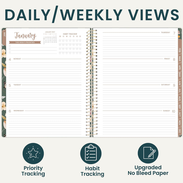 An open spiral-bound planner shown on a light beige background with the heading 'DAILY/WEEKLY VIEWS' at the top and three feature icons below: Priority Tracking, Habit Tracking, and Upgraded No Bleed Paper. The planner pages are mostly white with dark teal text and lines, plus small warm brown/tan accents in the calendar and headers.