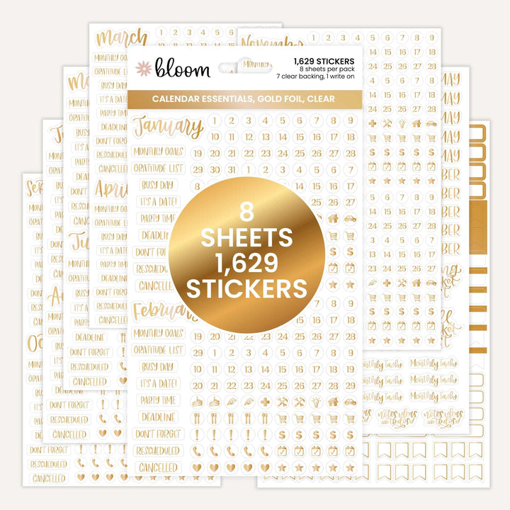 Planner Stickers | Calendar Essentials | Gold Foil on Clear - bloom daily planners