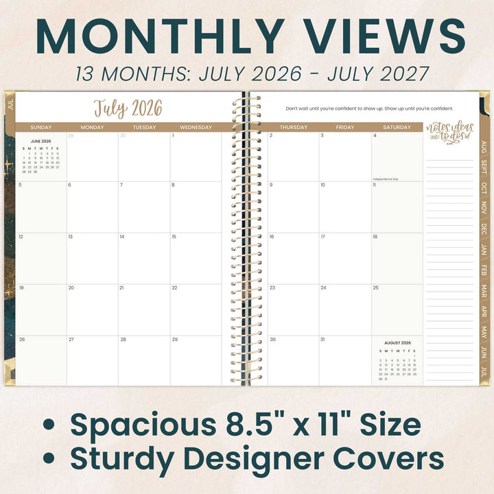 Calendar with monthly views from July 2026 to July 2027, featuring a spacious 8.5" x 11" size and sturdy designer covers.