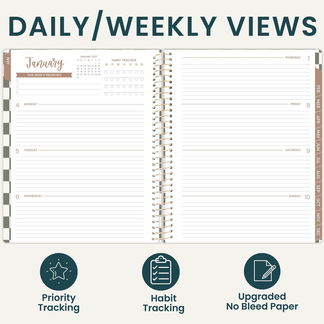 An open spiral-bound planner shown on a light beige background with the heading 'DAILY/WEEKLY VIEWS' at the top and three feature icons below: Priority Tracking, Habit Tracking, and Upgraded No Bleed Paper.