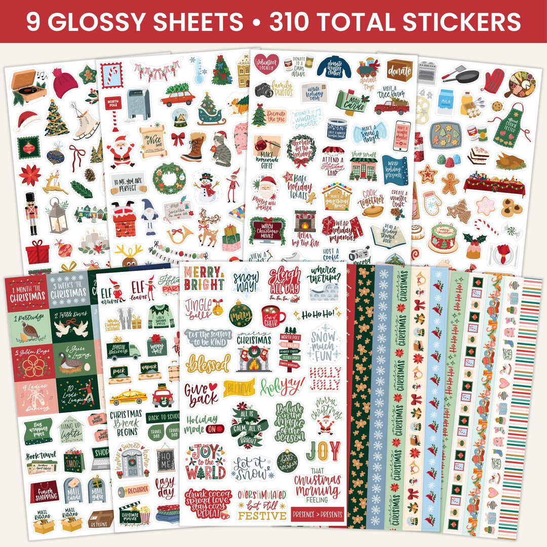 Glossy Christmas sticker sheets showing assorted festive icons and text