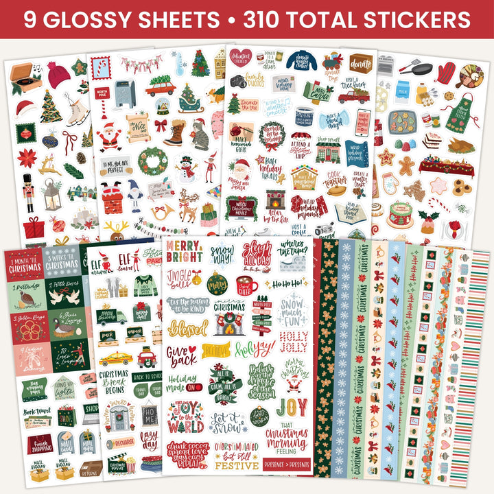 Glossy Christmas sticker sheets showing assorted festive icons and text