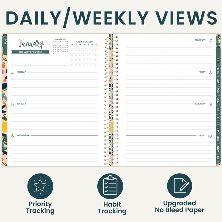 An open spiral-bound planner shown on a light beige background with the heading 'DAILY/WEEKLY VIEWS' at the top and three feature icons below: Priority Tracking, Habit Tracking, and Upgraded No Bleed Paper. The planner pages are mostly white with dark teal text and line layouts, and the spiral binding has small multicolor floral details.