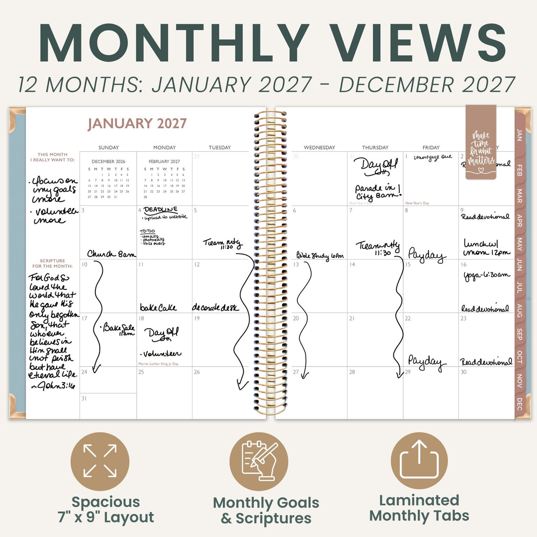 A spiral-bound monthly planner page shown open on a beige background, with the heading 'MONTHLY VIEWS' and text indicating 12 months from January 2027 to December 2027. The planner layout includes handwritten notes, a monthly calendar view, and feature icons below describing a spacious 7 x 9 inch layout, monthly goals and scriptures, and laminated monthly tabs.
