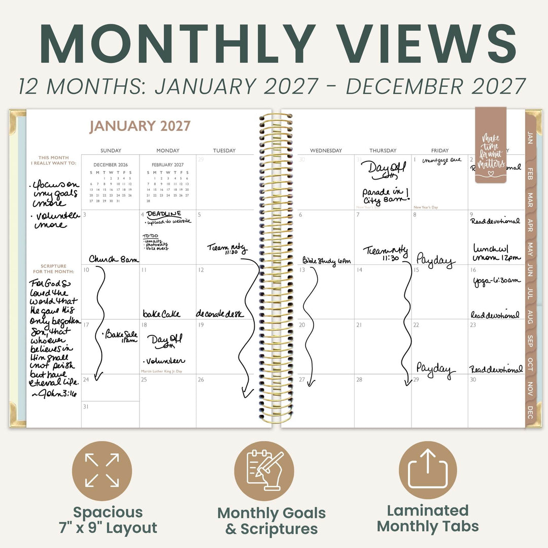 A spiral-bound monthly planner spread shown on a light gray background with large text reading 'MONTHLY VIEWS' and '12 MONTHS: JANUARY 2027 - DECEMBER 2027.' The planner pages display a weekly calendar layout with handwritten notes and tabs.