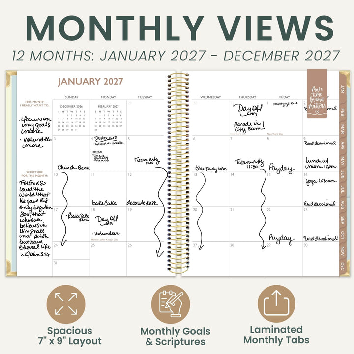 A spiral-bound monthly planner spread shown on a light gray background with large text reading 'MONTHLY VIEWS' and '12 MONTHS: JANUARY 2027 - DECEMBER 2027.' The planner pages display a weekly calendar layout with handwritten notes and tabs.