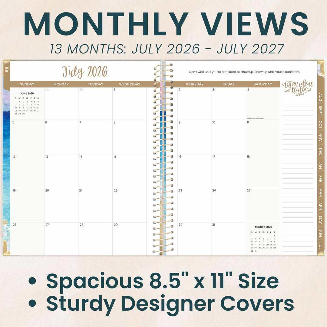 Monthly view planner with July 2026 to July 2027 dates, featuring a spacious 8.5" x 11" size and sturdy designer covers.