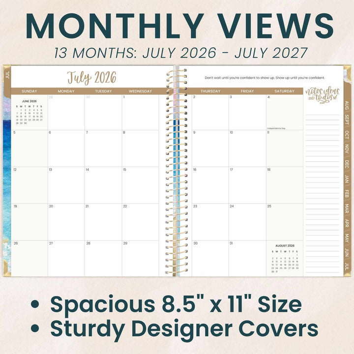 Monthly view planner with July 2026 to July 2027 dates, featuring a spacious 8.5" x 11" size and sturdy designer covers.