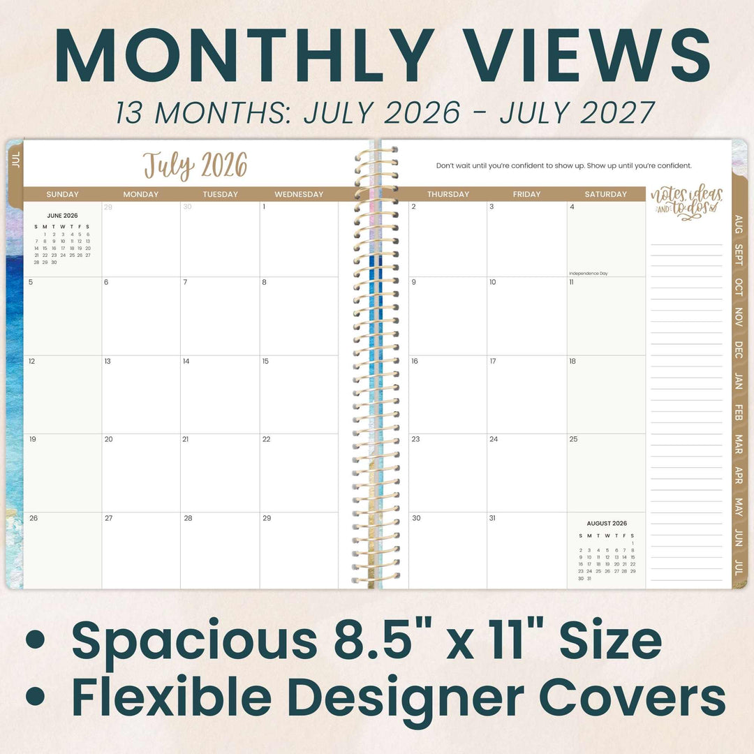 Calendar with monthly views for July 2026 to July 2027, featuring a spacious 8.5" x 11" size and flexible designer covers.