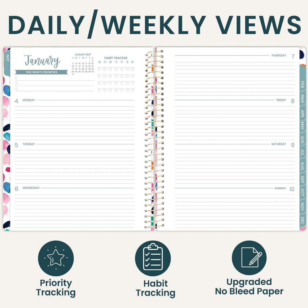 An open spiral-bound planner shown on a light beige background with the heading 'DAILY/WEEKLY VIEWS' at the top and three feature icons below: Priority Tracking, Habit Tracking, and Upgraded No Bleed Paper. The planner pages are mostly white with dark teal text and small multicolor decorative accents along the left and right margins.