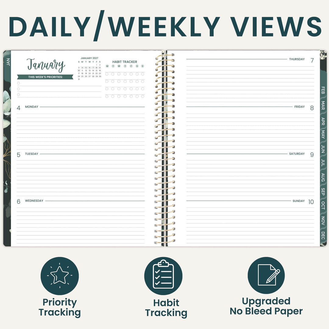 An open spiral-bound planner showing a daily and weekly view layout with lined pages, a calendar page, and habit tracker sections. Large text at the top reads 'DAILY/WEEKLY VIEWS,' and three feature icons at the bottom highlight priority tracking, habit tracking, and upgraded no bleed paper.