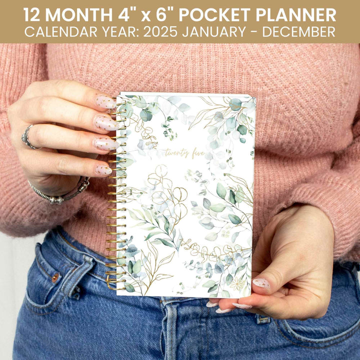 2025 Soft Cover Planner, 4" x 6", Eucalyptus, White