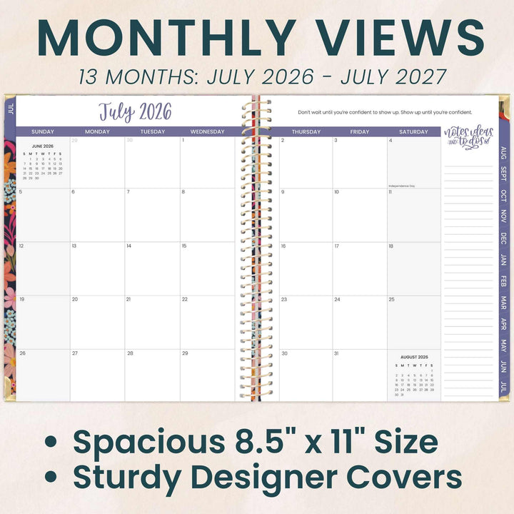 Two-page spread of a monthly view planner from July 2026 to July 2027 with text about size and cover material.
