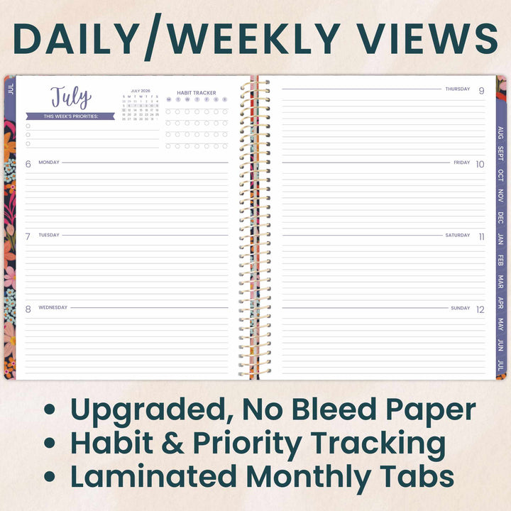 Two pages of a planner showing daily and weekly views with text highlighting features.