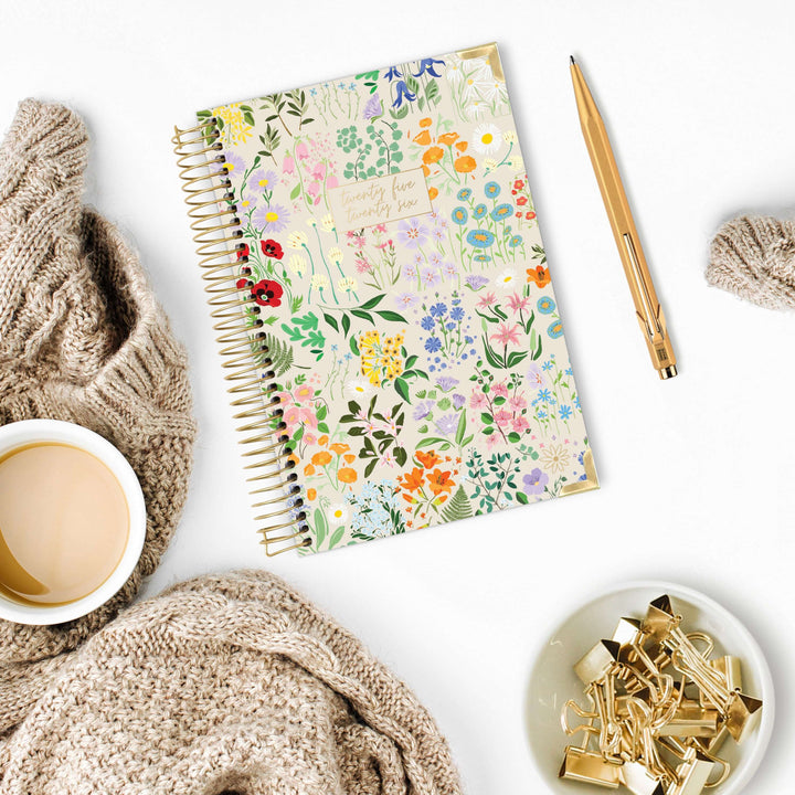 2025-26 Hard Cover Planner, 5.5" x 8.25", Garden Party, Beige